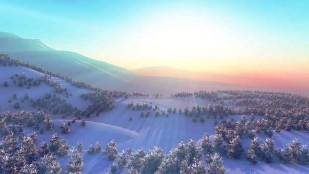 above winter forest mountain sunset 3D rendering illustration