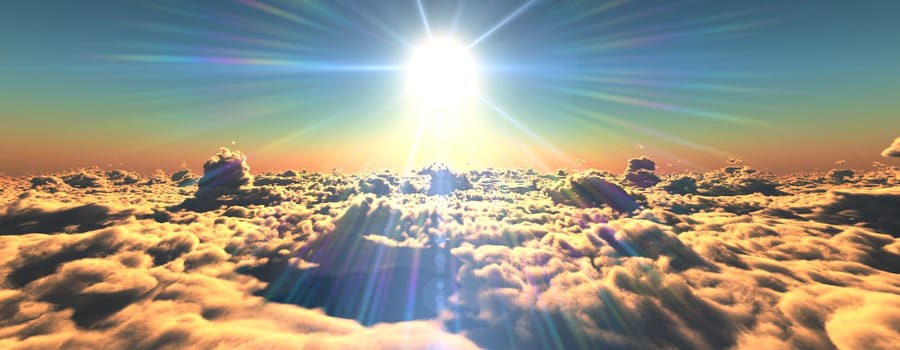 above clouds fly sunset sun ray illustration, 3d render