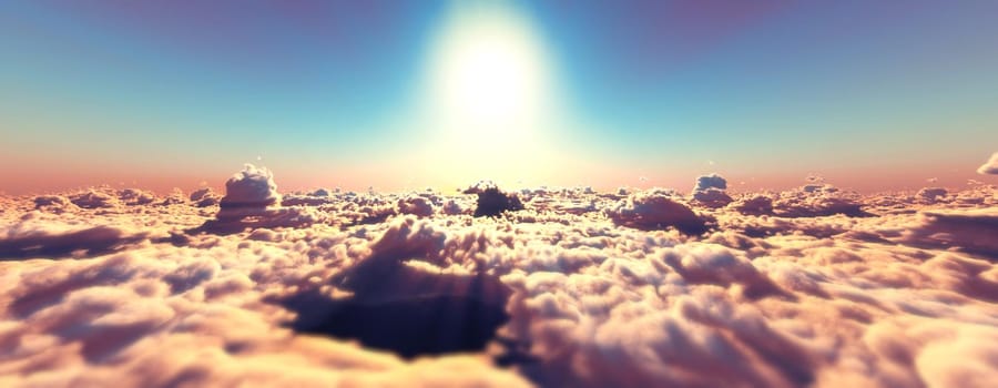 above clouds fly sunset sun ray illustration, 3d render