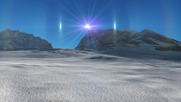 mountain snow sun ray illustration, 3d rendering