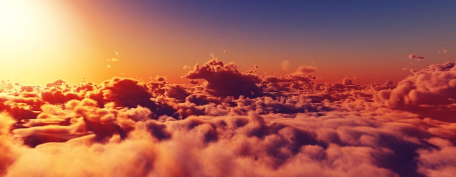 above clouds fly sunset sun ray illustration, 3d render