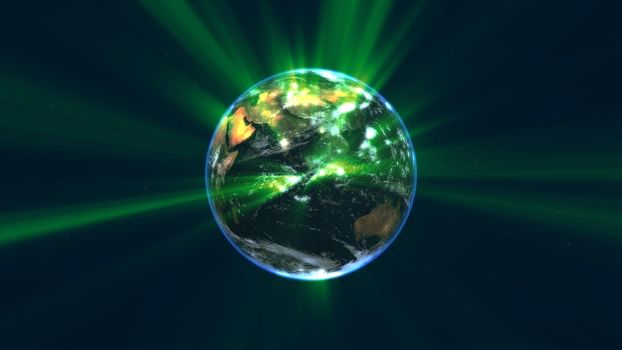 earth globe with glowing details and light rays. 3d illustration render