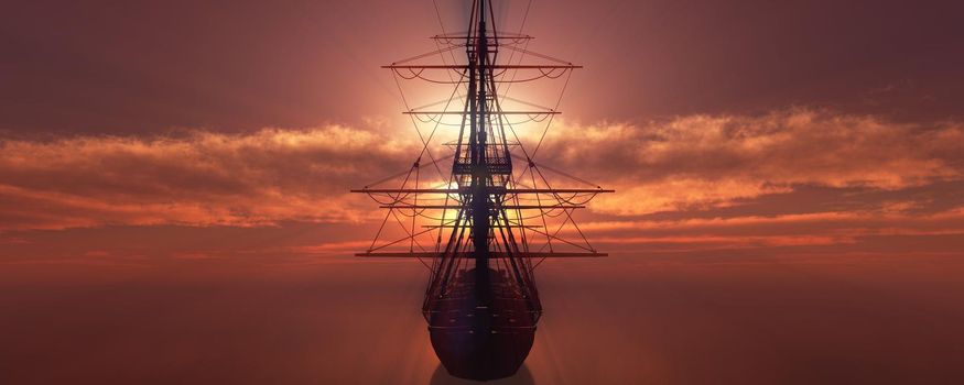 old ship sunset at sea 3d rendering illustration