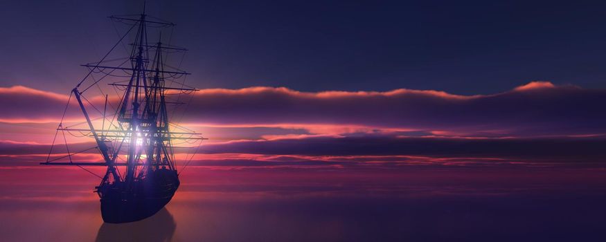 old ship sunset at sea 3d rendering illustration