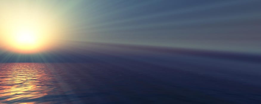 sunset sea sun ray clear sky, 3d rendering illustration