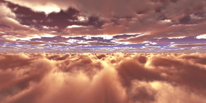 above clouds fly sunset sun ray illustration, 3d render