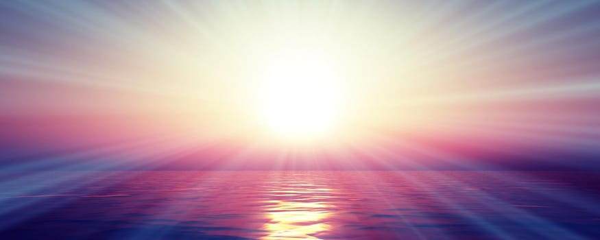 sunset sea sun ray clear sky, 3d rendering illustration