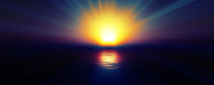 sunset sea sun ray clear sky, 3d rendering illustration