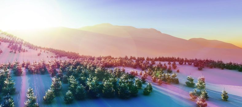 above winter forest mountain sunset 3D rendering illustration