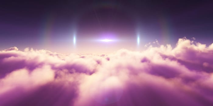 above clouds sunrise sun ray illustration, 3d rendering