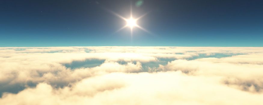 fly above clouds sunset landscape. 3d render illustration