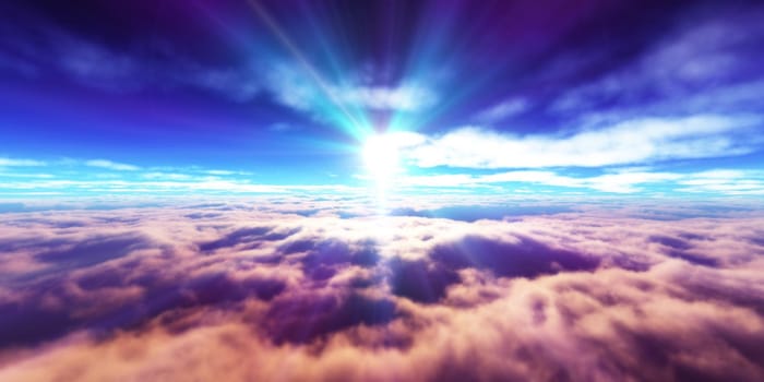 above clouds fly sunset sun ray illustration, 3d render