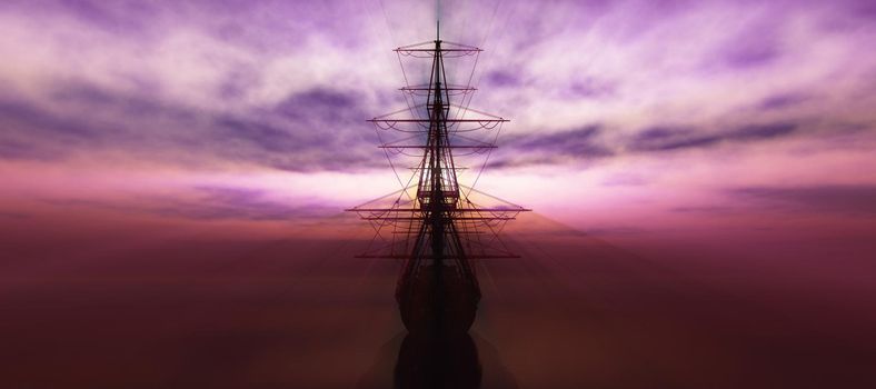 old ship sunset at sea 3d rendering illustration