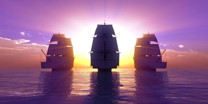 old three ships sunset at sea, 3d rendering illustration