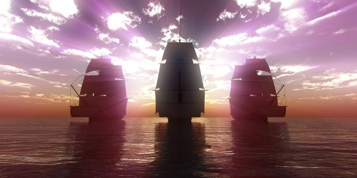 old three ships sunset at sea, 3d rendering illustration