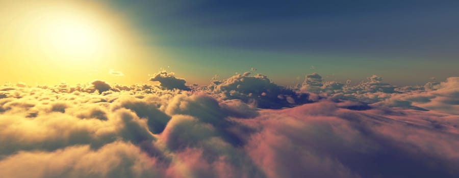 above clouds fly sunset sun ray illustration, 3d render