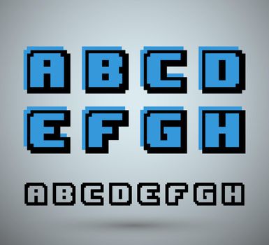 Pixel font alphabet, old video game design. Letters A B C D E F G H. Vector illustration.