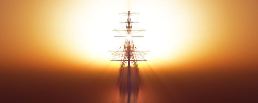 old ship sunset at sea 3d rendering illustration