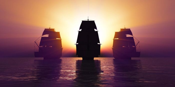 old three ships sunset at sea, 3d rendering illustration