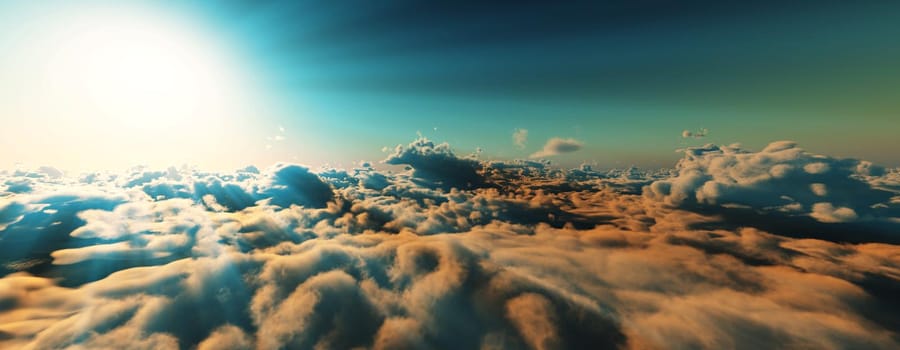 above clouds fly sunset sun ray illustration, 3d render