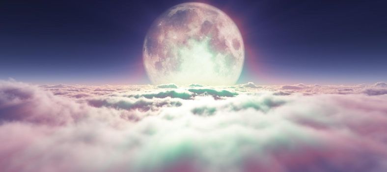 above clouds full moon illustration, 3d rendering