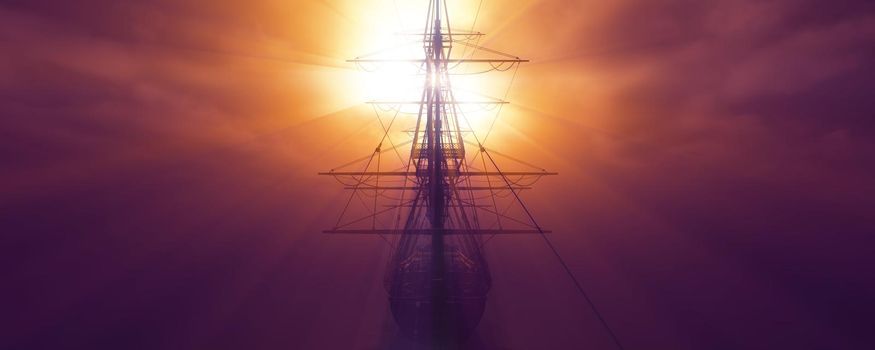 old ship sunset at sea 3d rendering illustration