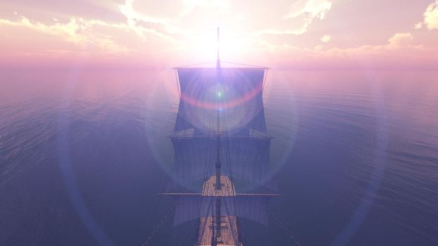 old ship sunset at sea 3d rendering illustration