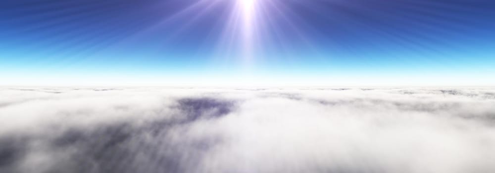 Above clouds sun ray, 3d rendering illustration