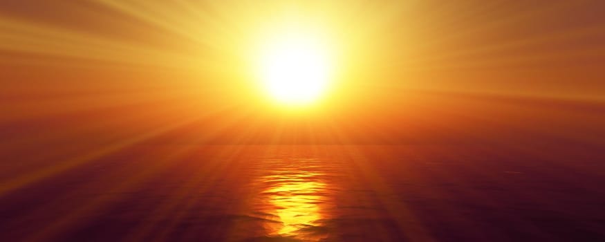 sunset sea sun ray clear sky, 3d rendering illustration