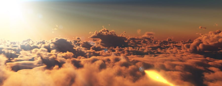 above clouds fly sunset sun ray illustration, 3d render