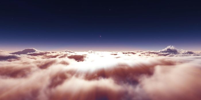 dream fly above clouds ray light, 3d rendering illustration