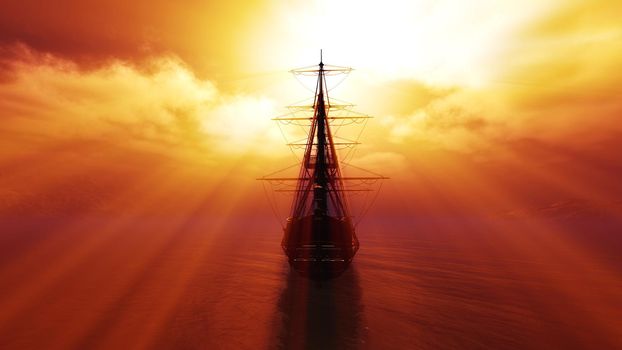 old ship sunset at sea illustration 3d rendering