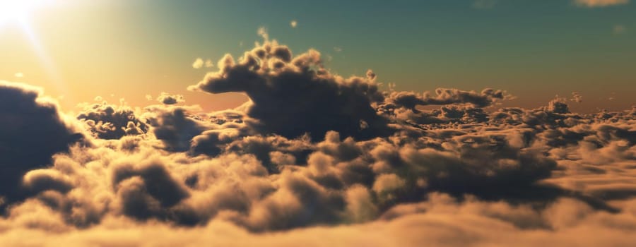 above clouds fly sunset sun ray illustration, 3d render