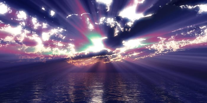 sunset sea sun ray clouds, 3d rendering illustration