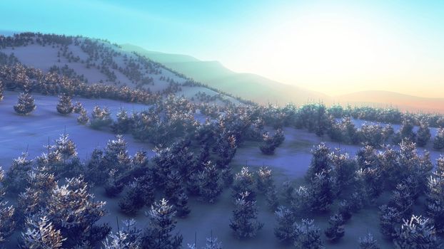 above winter forest mountain sunset 3D rendering illustration