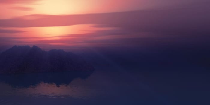 above islands in sea sunset, illustration 3d rendering