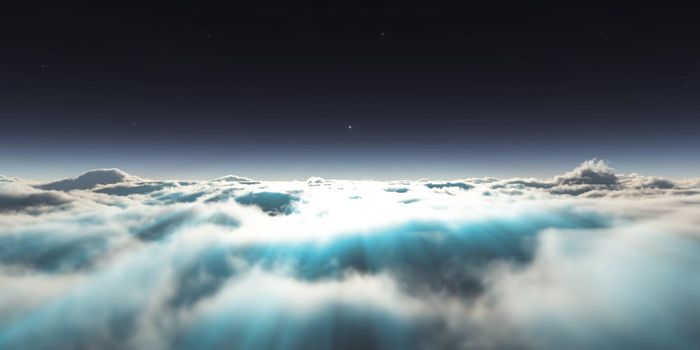 dream fly above clouds ray light, 3d rendering illustration