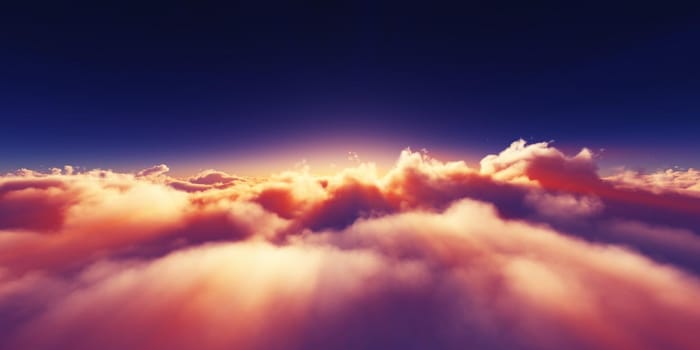 above clouds sunrise sun ray illustration, 3d rendering