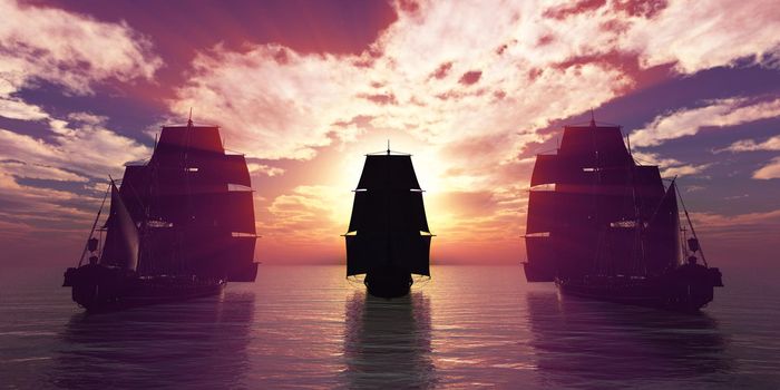 old three ships sunset at sea, 3d rendering illustration