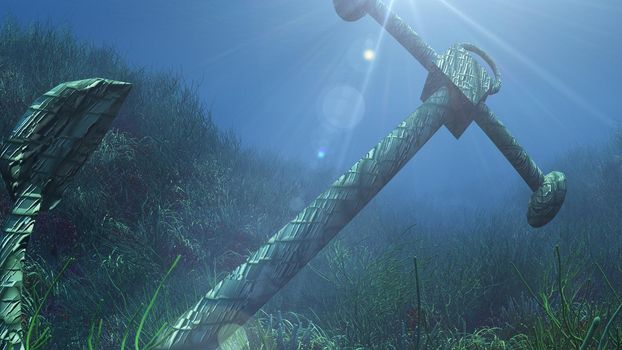 anchor under water sun ray illustration 3d rendering