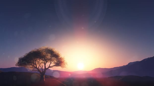 sunset at meadow and lonely tree, 3d render illustration