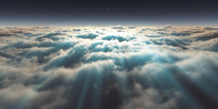 dream fly above clouds ray light, 3d rendering illustration