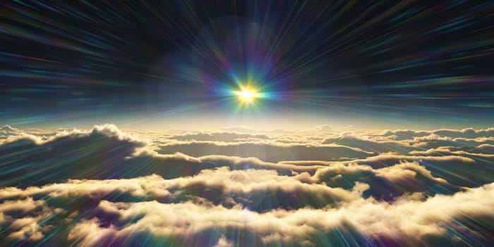 above clouds sunrise sun ray illustration, 3d rendering