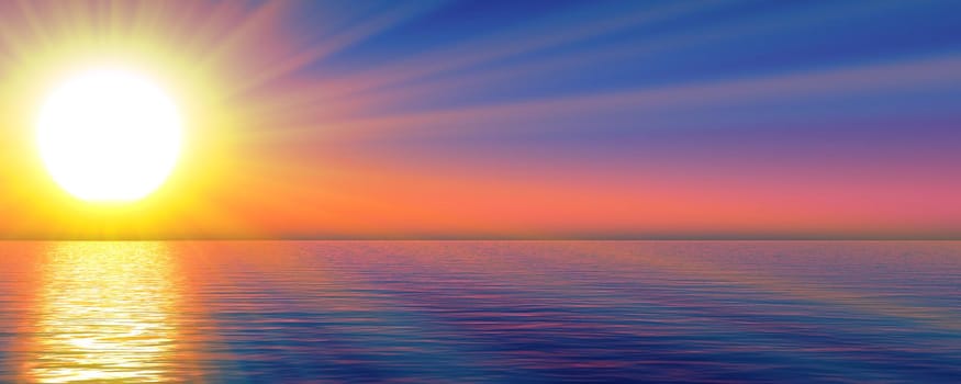 sunset sea sun ray clear sky, 3d rendering illustration