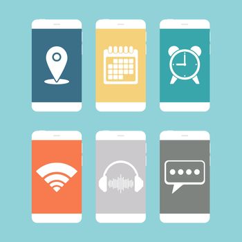 Smartphones with various icon flat design. Vector illustration.