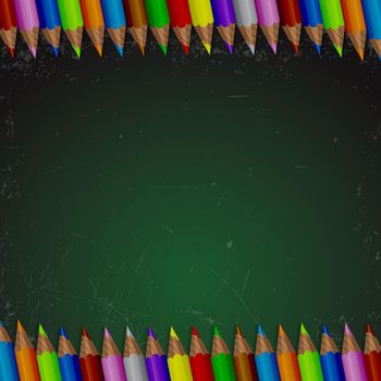 Back to school super sale. Green chalkboard background and colored pencils. Vector illustration.