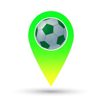 Soccer ball with navigation pointer icon. Colorful location mark icon. Vector illustration