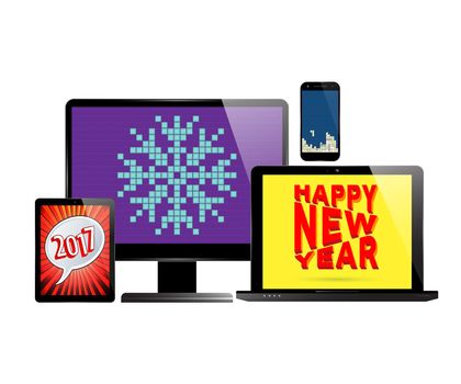 New Year 2017. Monitor PC computer, laptop, smartphone and tablet with various screen savers. Vector illustration.