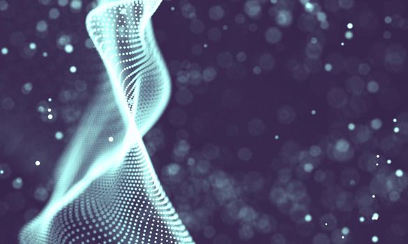 Abstract futuristic illustration of polygonal surface. Low poly shape with connecting dots and lines on dark background. 3D rendering