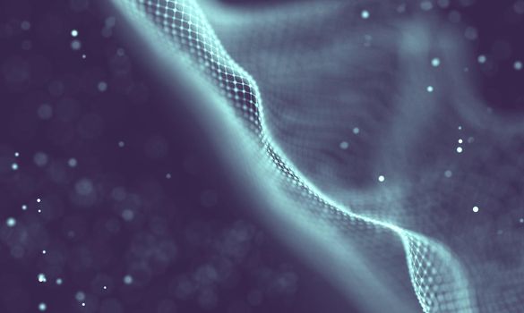 Abstract futuristic illustration of polygonal surface. Low poly shape with connecting dots and lines on dark background. 3D rendering
